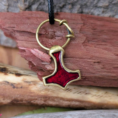Mjolnir Pendant with Red Enamel and Ring Connector – Battlefield Brass