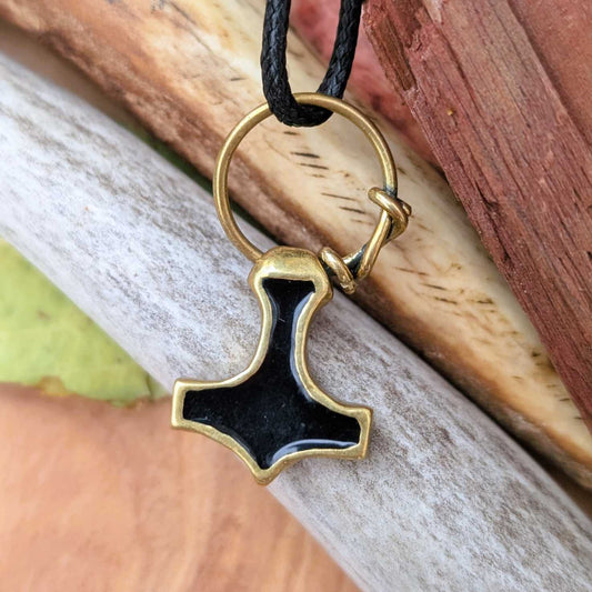 Mjölnir Pendant with Black Enamel and Ring Connector, Brass Thor’s Hammer
