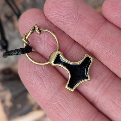 Mjölnir Pendant with Black Enamel and Ring Connector, Brass Thor’s Hammer