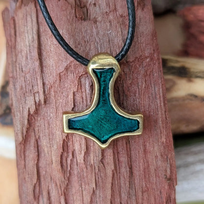 Thor’s Hammer Mjolnir Pendant – Green Enamel Brass Edition