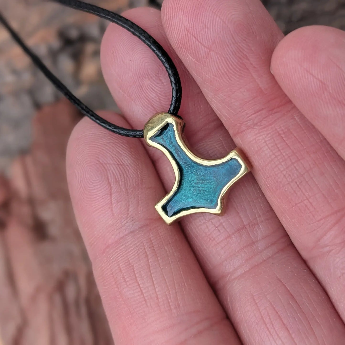 Thor’s Hammer Mjolnir Pendant – Green Enamel Brass Edition