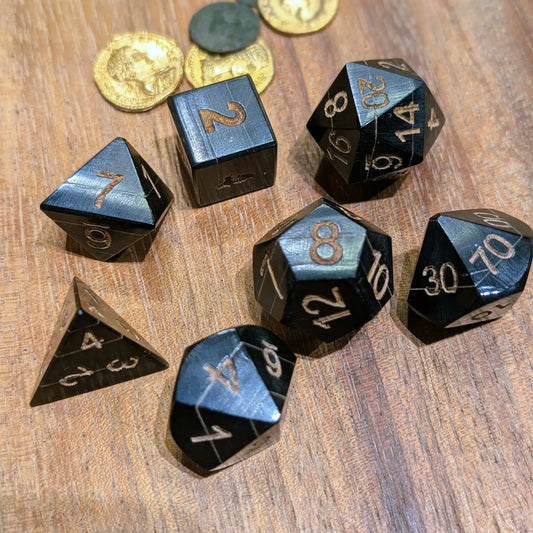 Hand-Carved Black Buffalo Horn DnD Dice Set with Leather Bag