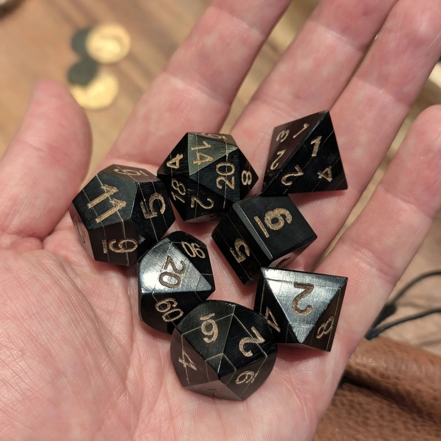 Hand-Carved Black Buffalo Horn DnD Dice Set with Leather Bag