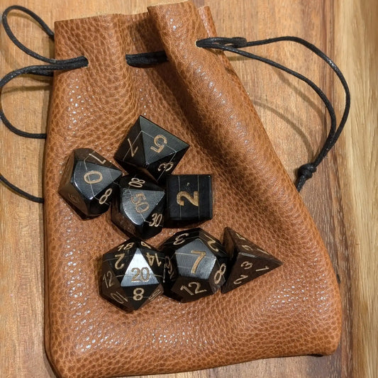 Hand-Carved Black Buffalo Horn DnD Dice Set with Leather Bag