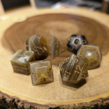 Hand-Carved Onyx Ox Horn DnD Dice Set with Leather Bag