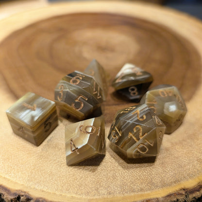 Hand-Carved Onyx Ox Horn DnD Dice Set with Leather Bag
