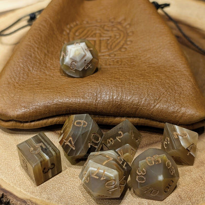 Hand-Carved Onyx Ox Horn DnD Dice Set with Leather Bag