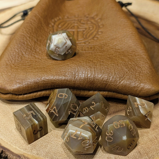 Hand-Carved Onyx Ox Horn DnD Dice Set with Leather Bag