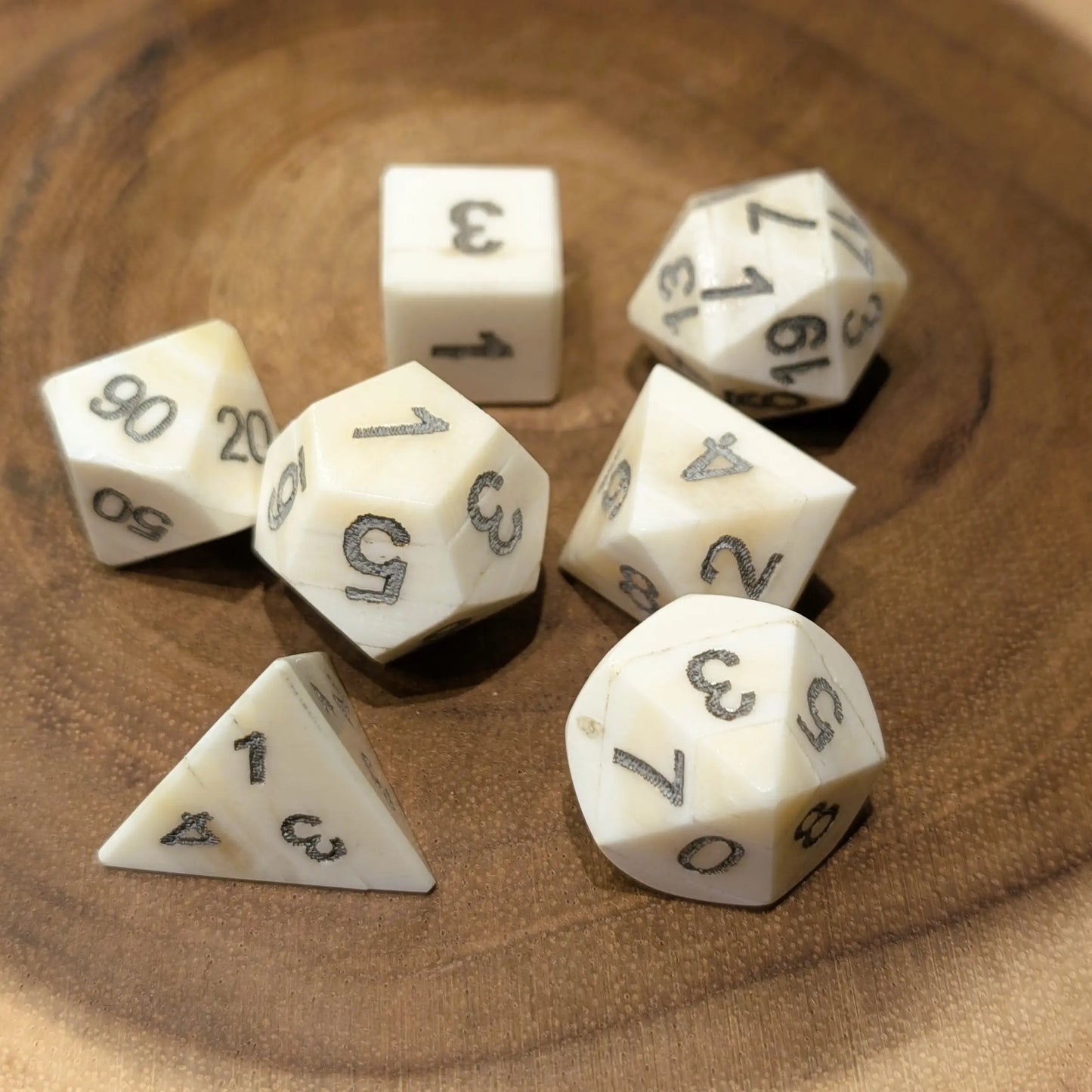 Hand-Carved Cuttle Bone DnD Dice Set with Leather Bag