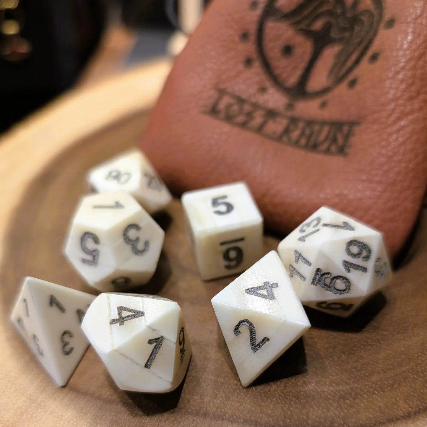 Hand-Carved Cuttle Bone DnD Dice Set with Leather Bag