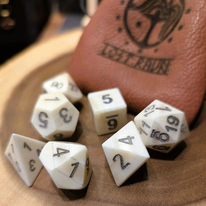 Hand-Carved Cuttle Bone DnD Dice Set with Leather Bag