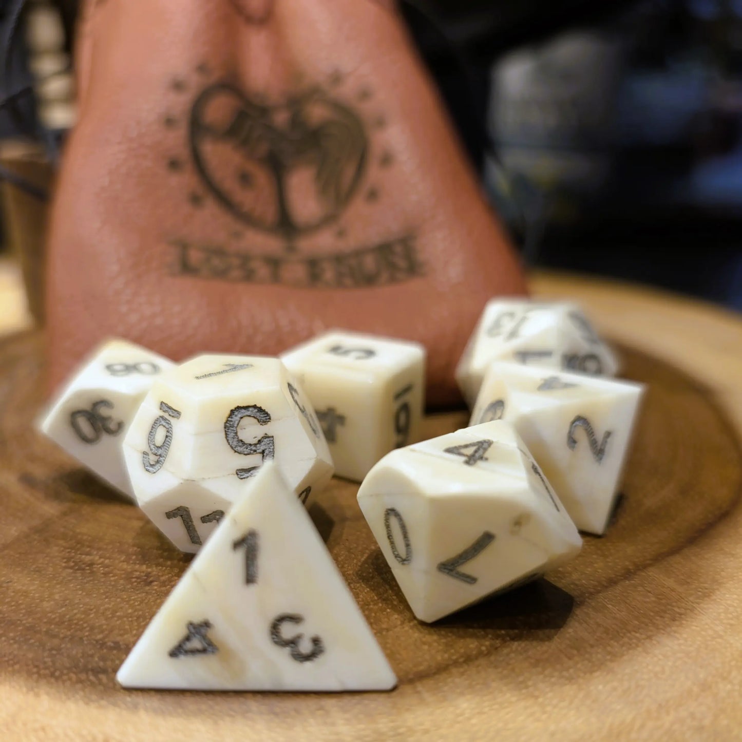 Hand-Carved Cuttle Bone DnD Dice Set with Leather Bag