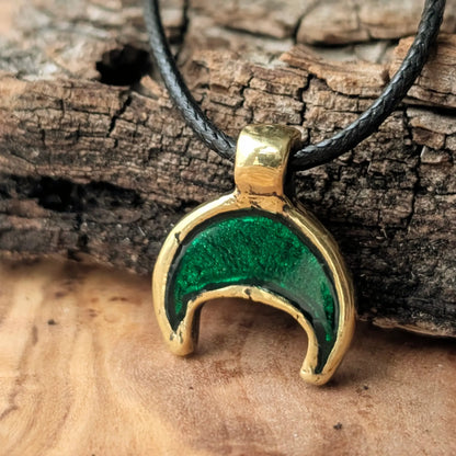 Viking–Slavic Lunula Pendant with Green Enamel – Brass Moon Amulet