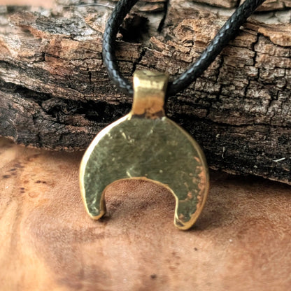 Viking–Slavic Lunula Pendant with Green Enamel – Brass Moon Amulet