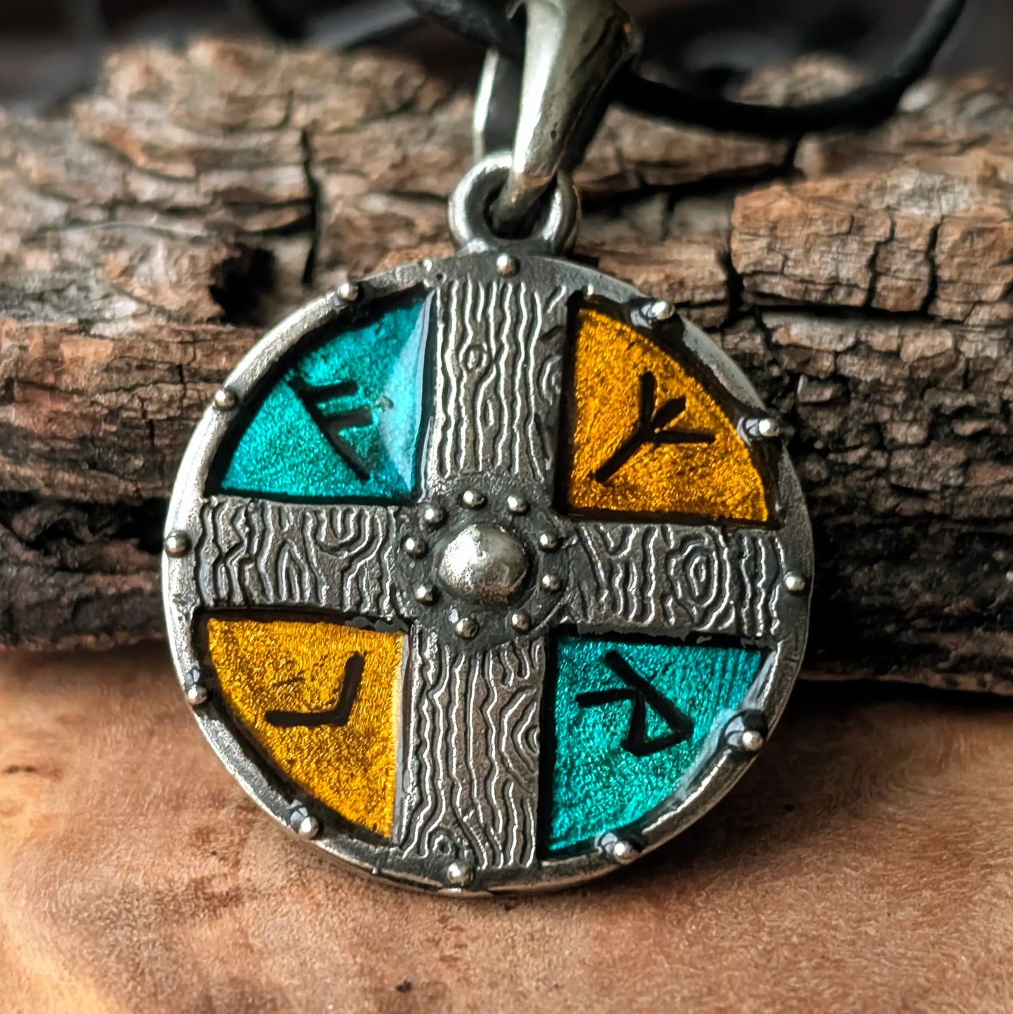 Viking Shield Pendant with Yellow-Green Enamel – Pewter Amulet