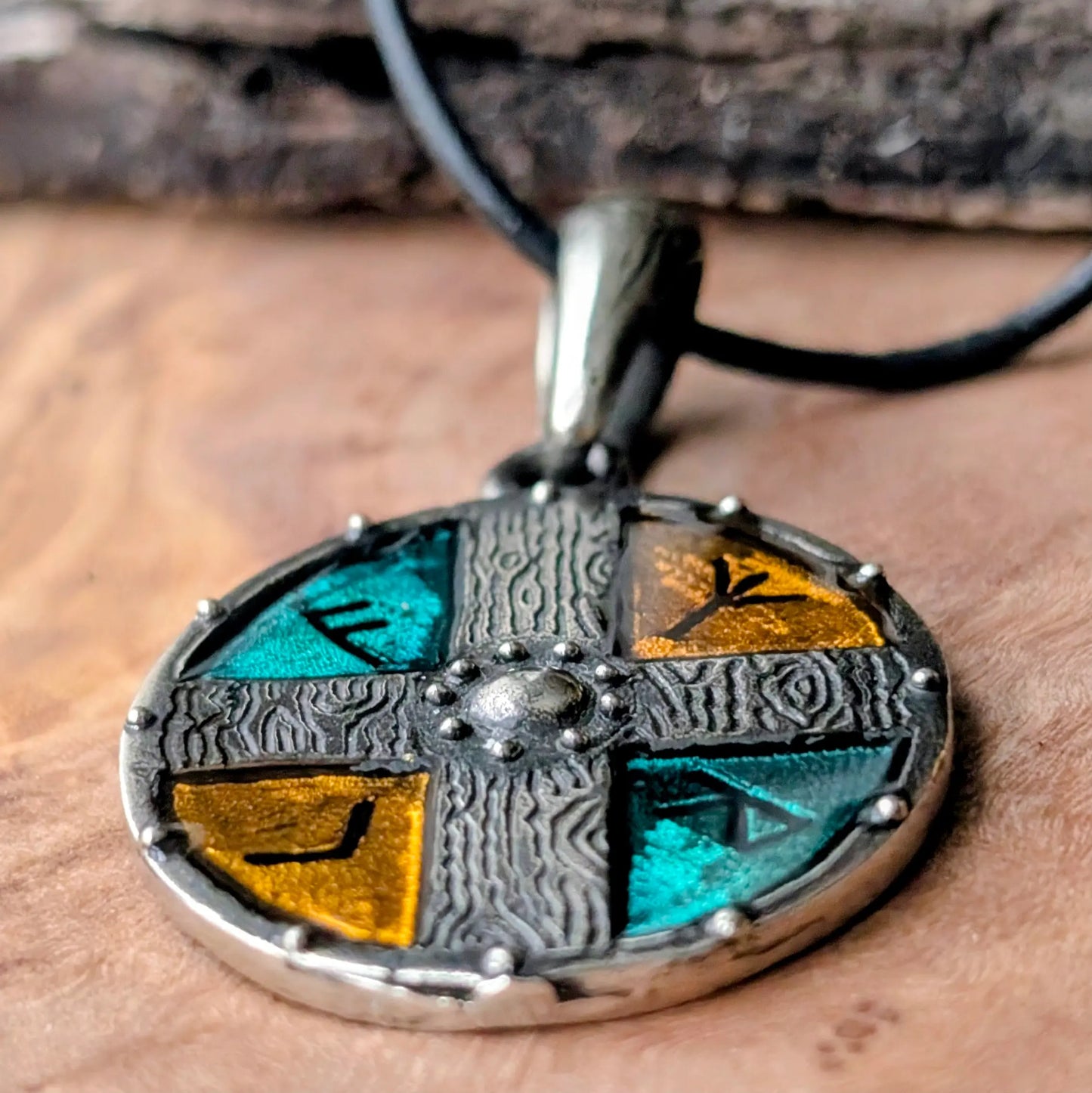 Viking Shield Pendant with Yellow-Green Enamel – Pewter Amulet