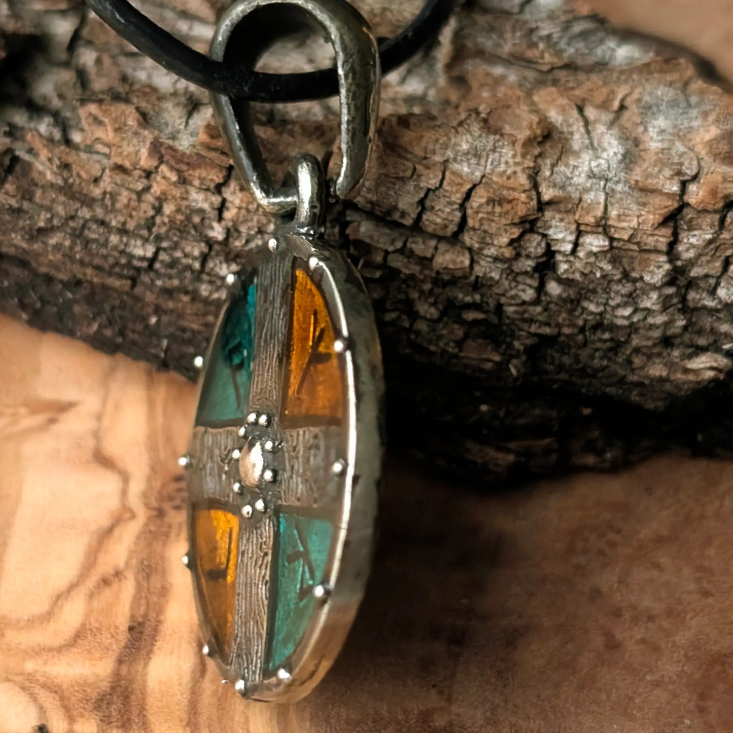 Viking Shield Pendant with Yellow-Green Enamel – Pewter Amulet