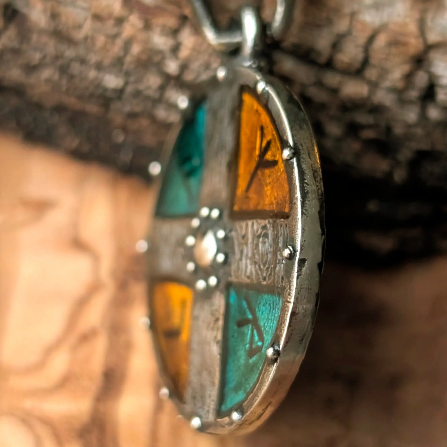 Viking Shield Pendant with Yellow-Green Enamel – Pewter Amulet