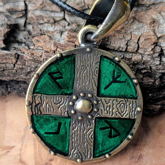 Viking Shield Pendant with Runes – Green Enamel Brass Amulet
