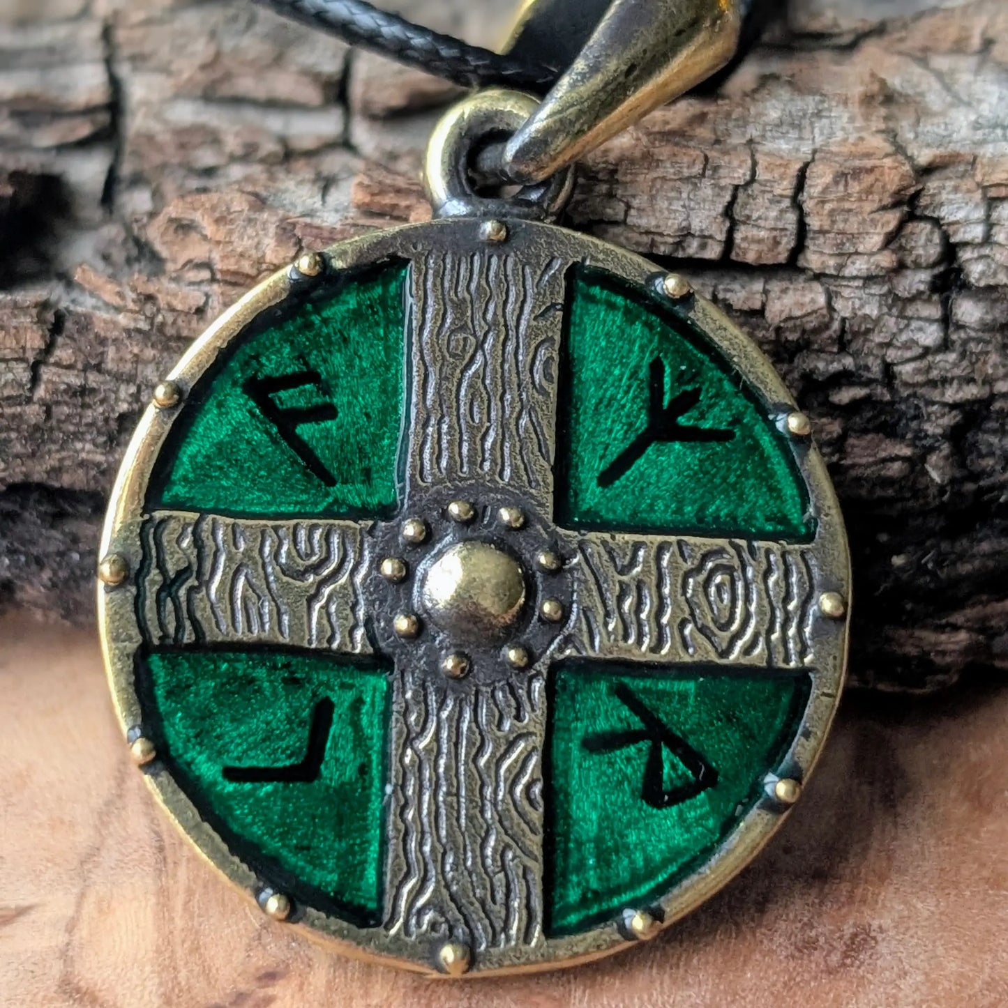 Viking Shield Pendant with Runes – Green Enamel Brass Amulet