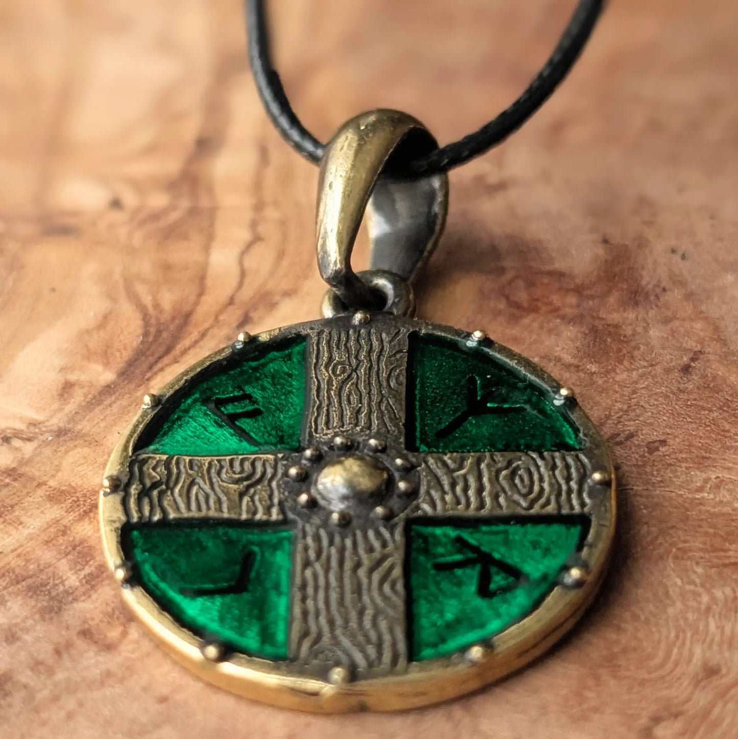 Viking Shield Pendant with Runes – Green Enamel Brass Amulet