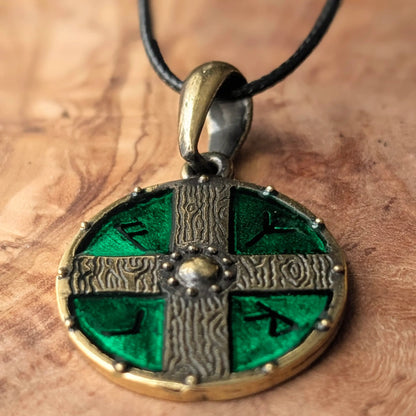 Viking Shield Pendant with Runes – Green Enamel Brass Amulet