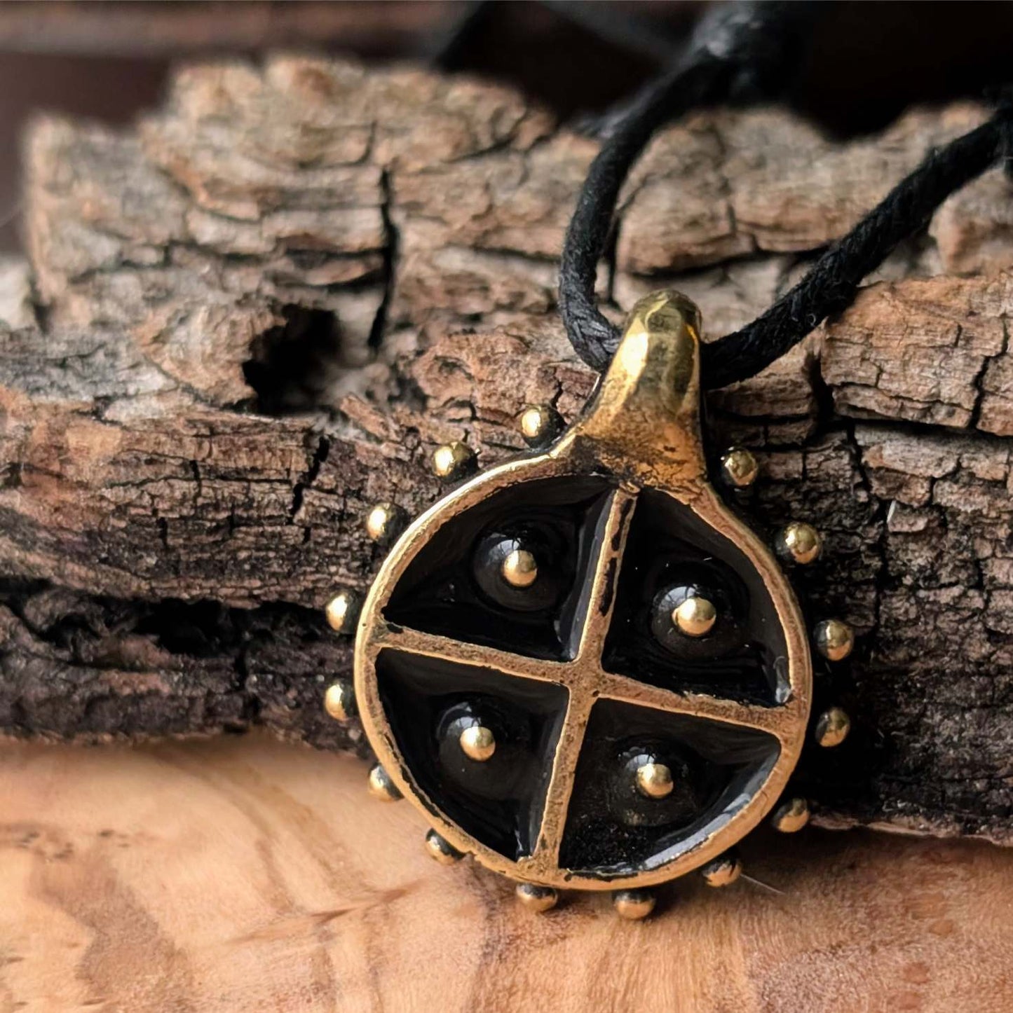 Hand-Cast Solar Amulet / Sun Cross Pendant – Brass with Black Enamel | Algiz-Rune Art