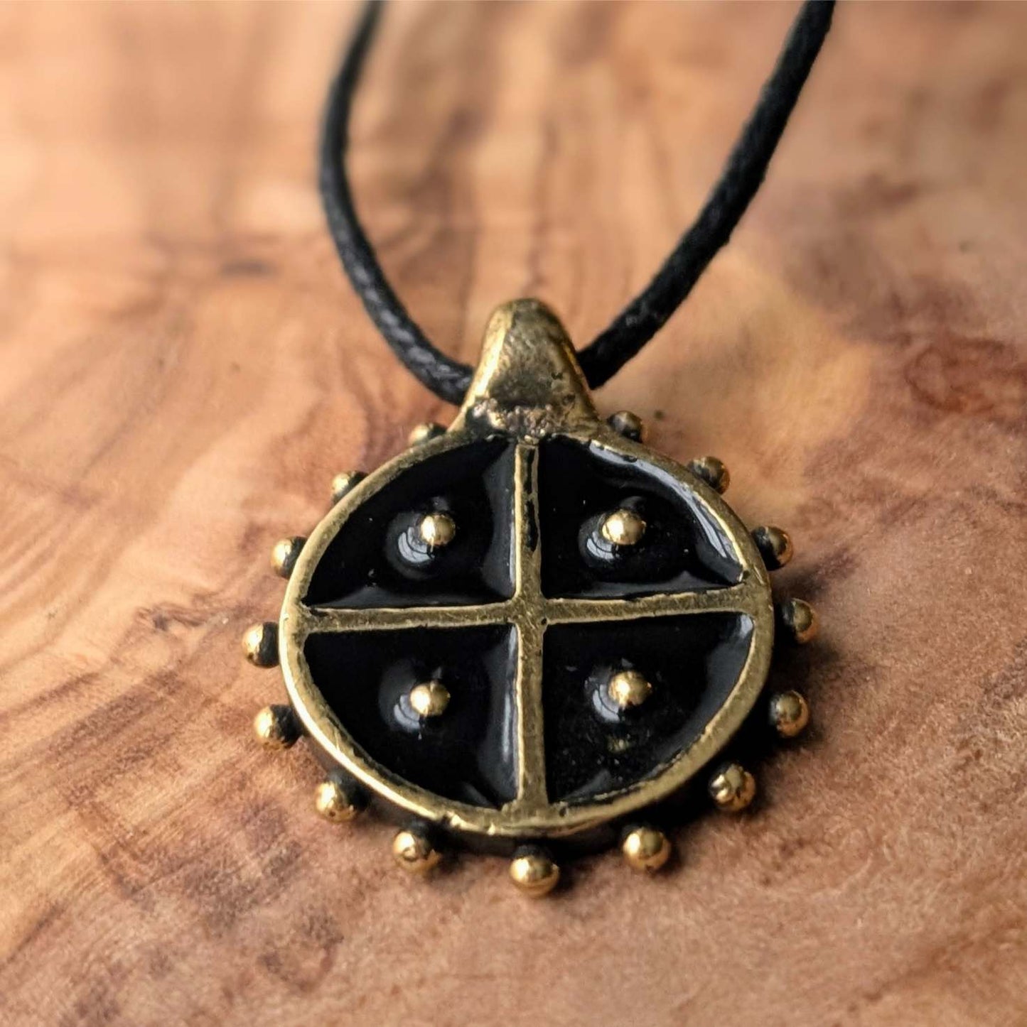 Hand-Cast Solar Amulet / Sun Cross Pendant – Brass with Black Enamel | Algiz-Rune Art