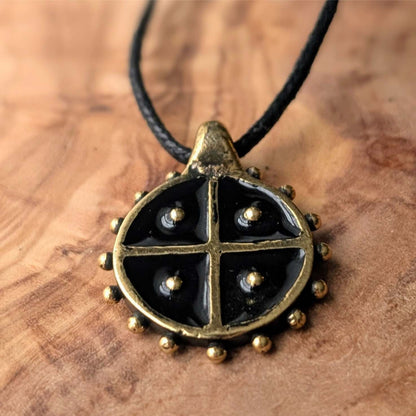 Hand-Cast Solar Amulet / Sun Cross Pendant – Brass with Black Enamel | Algiz-Rune Art
