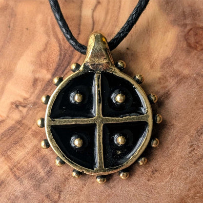 Hand-Cast Solar Amulet / Sun Cross Pendant – Brass with Black Enamel | Algiz-Rune Art