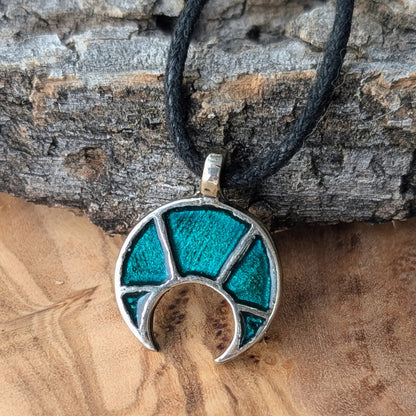 Viking / Slavic Lunula Pendant with Turquoise Enamel – Pewter