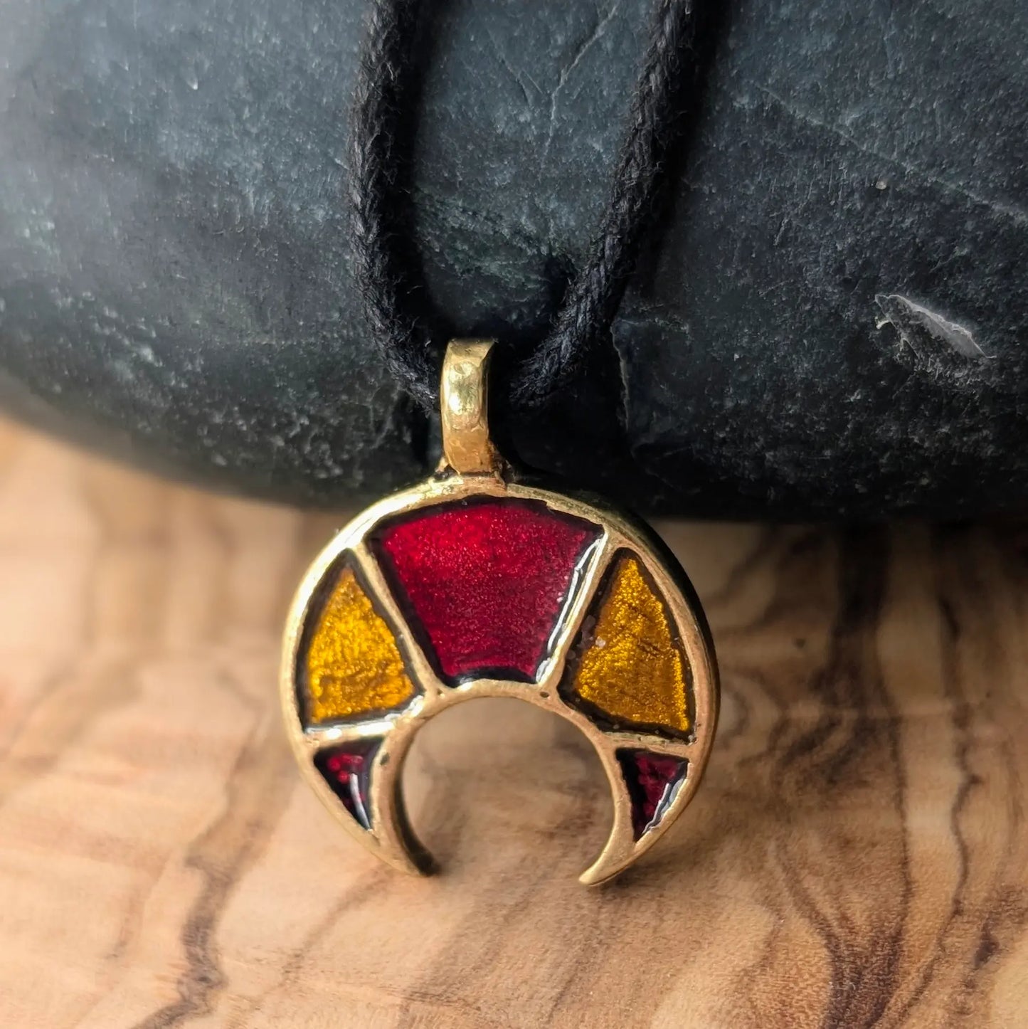 Viking / Slavic Lunula Pendant with Red & Yellow Enamel – Brass