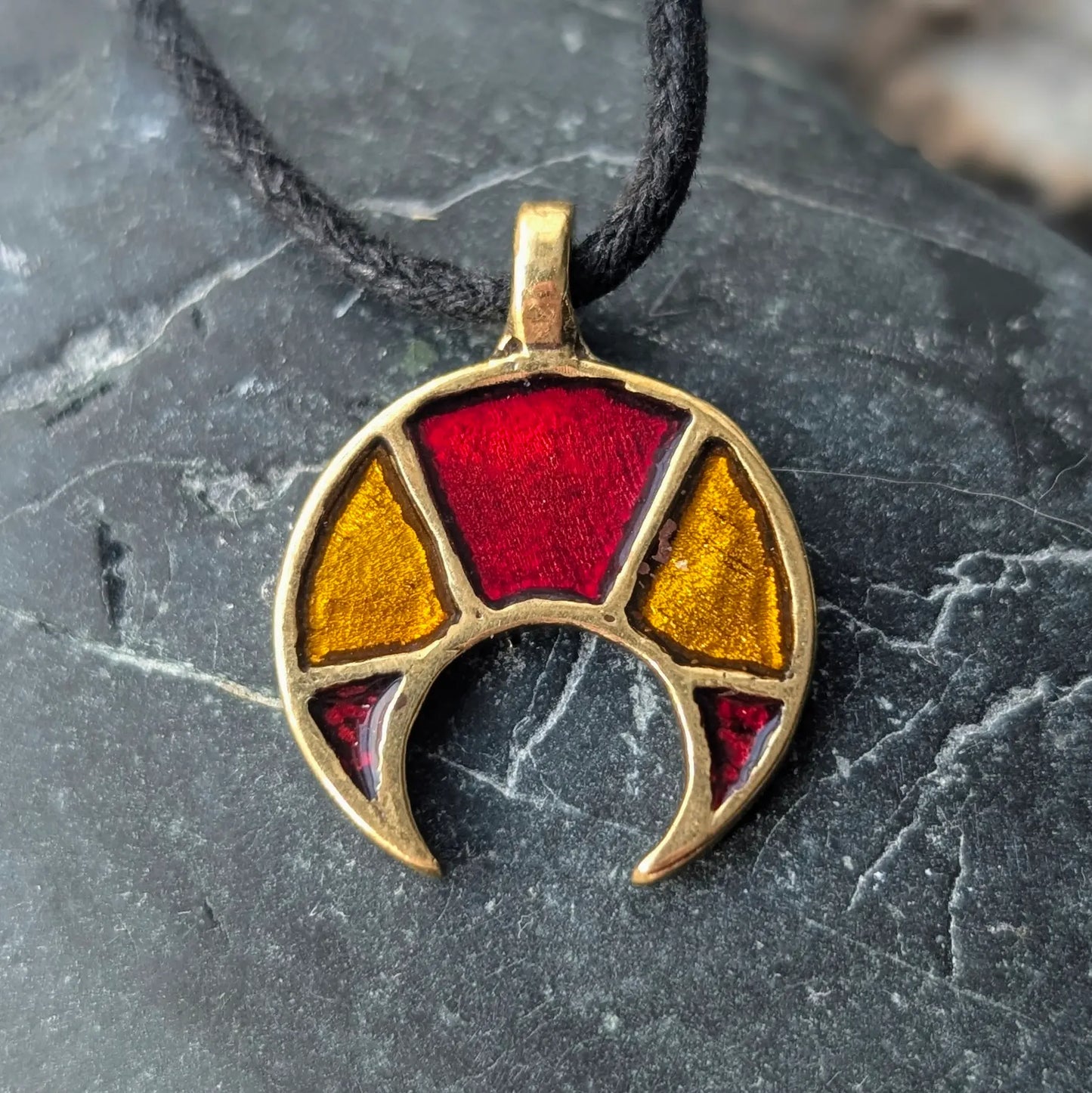 Viking / Slavic Lunula Pendant with Red & Yellow Enamel – Brass