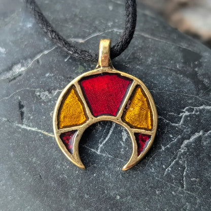 Viking / Slavic Lunula Pendant with Red & Yellow Enamel – Brass
