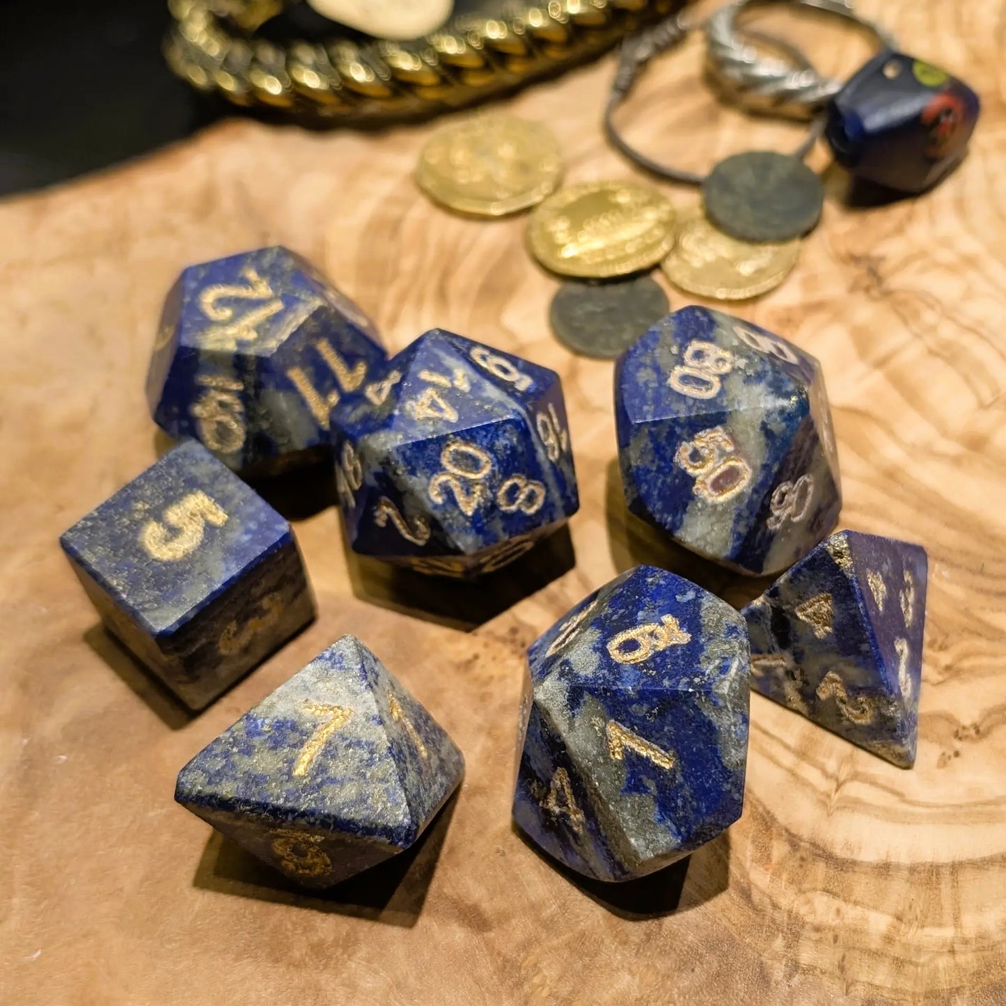 Hand-Carved Lapis Lazuli DnD Dice Set with Leather Bag