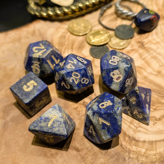 Hand-Carved Lapis Lazuli DnD Dice Set with Leather Bag