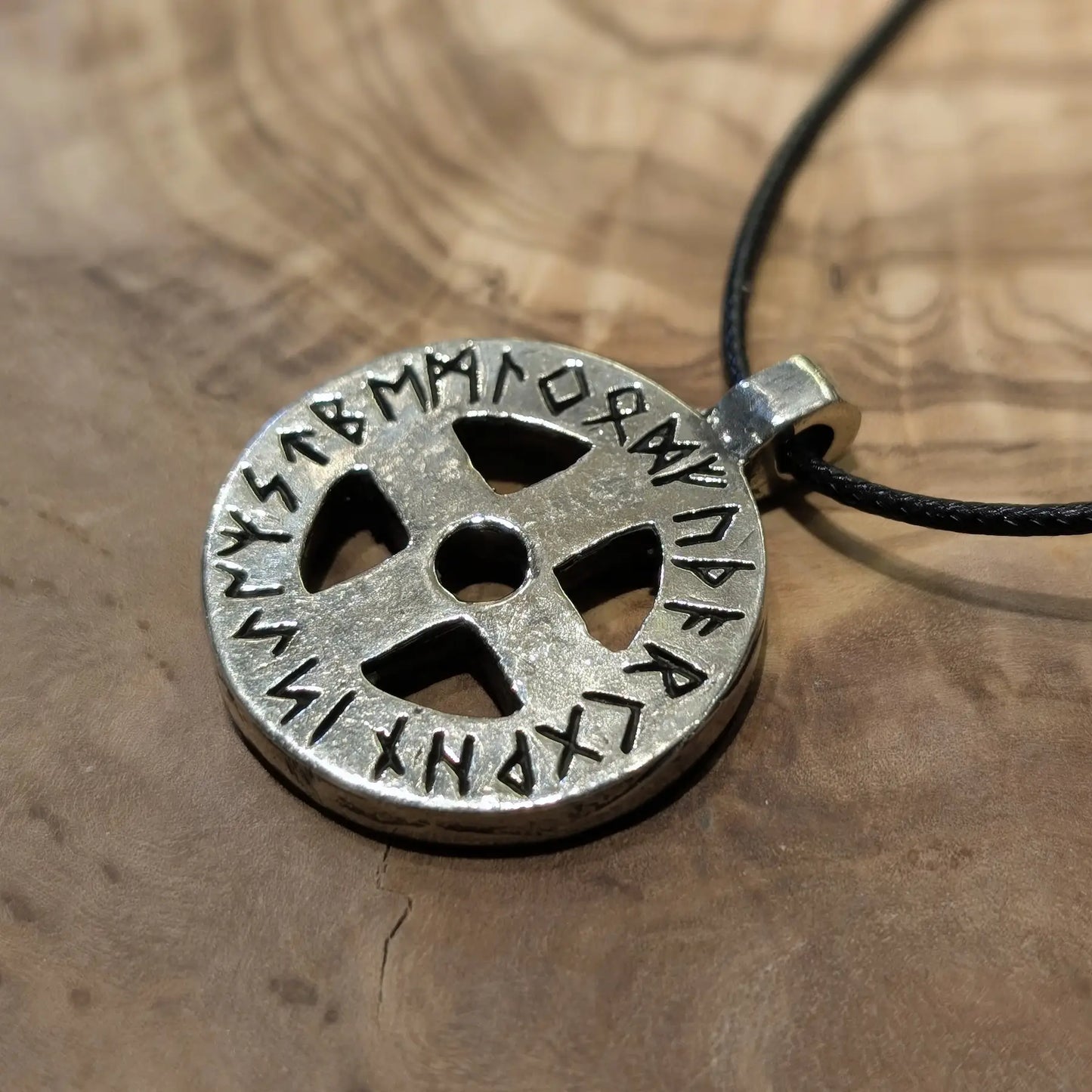 Norse Sun Cross Amulet with Runic Alphabet – Hand-Forged Brass or Pewter