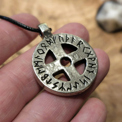 Norse Sun Cross Amulet with Runic Alphabet – Hand-Forged Brass or Pewter