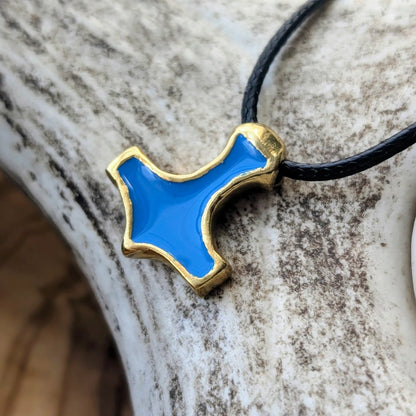 Mjolnir Amulet – Blue Enamel Brass Thor’s Hammer