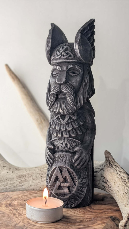 Hand-Carved Odin Statue in Linden Wood with Valknut – Norse God Figurine (23 cm)