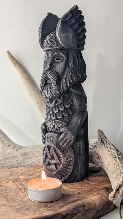Hand-Carved Odin Statue in Linden Wood with Valknut – Norse God Figurine (23 cm)