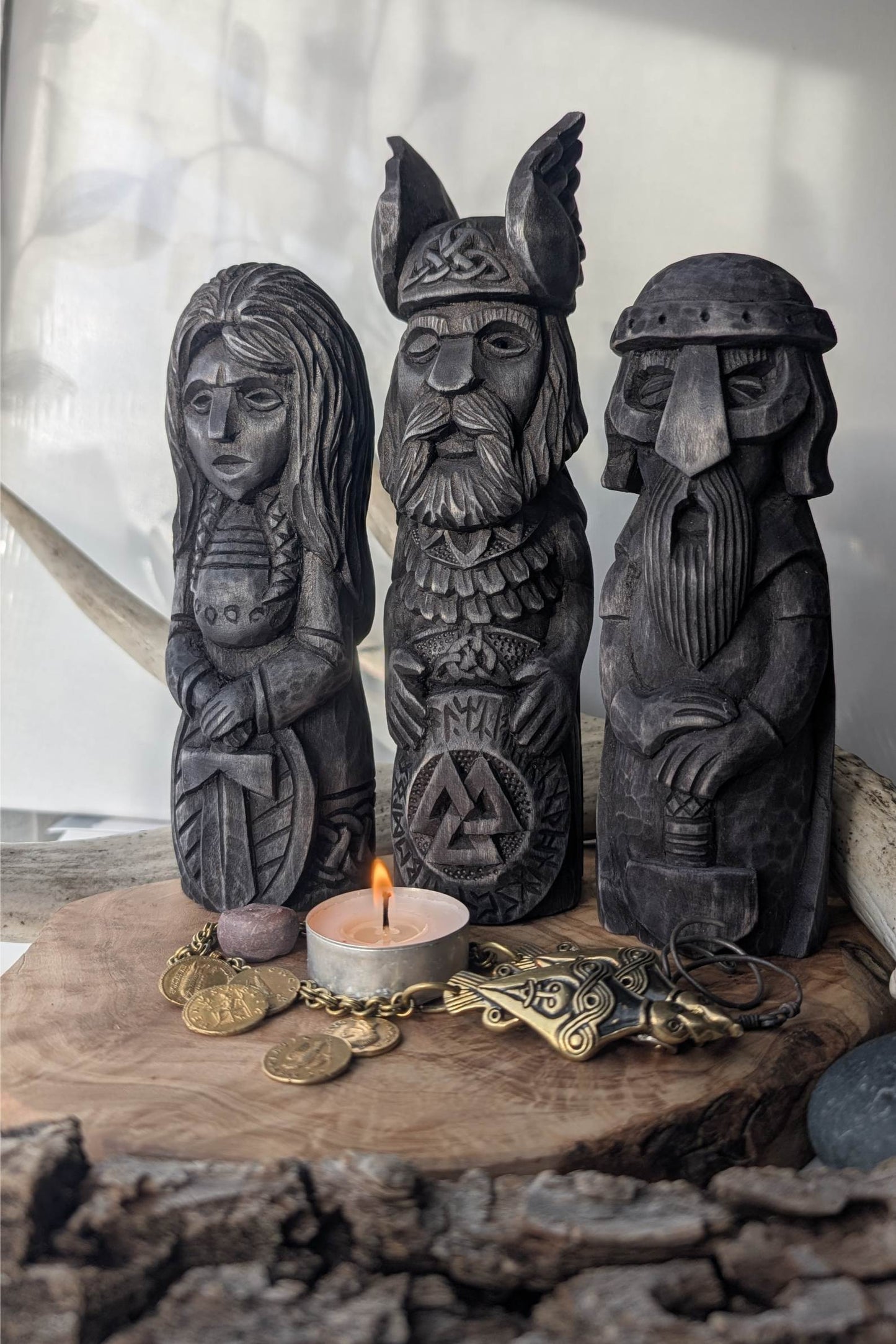 Hand-Carved Norse Gods Statues – Odin, Thor & Freyja in Linden Wood