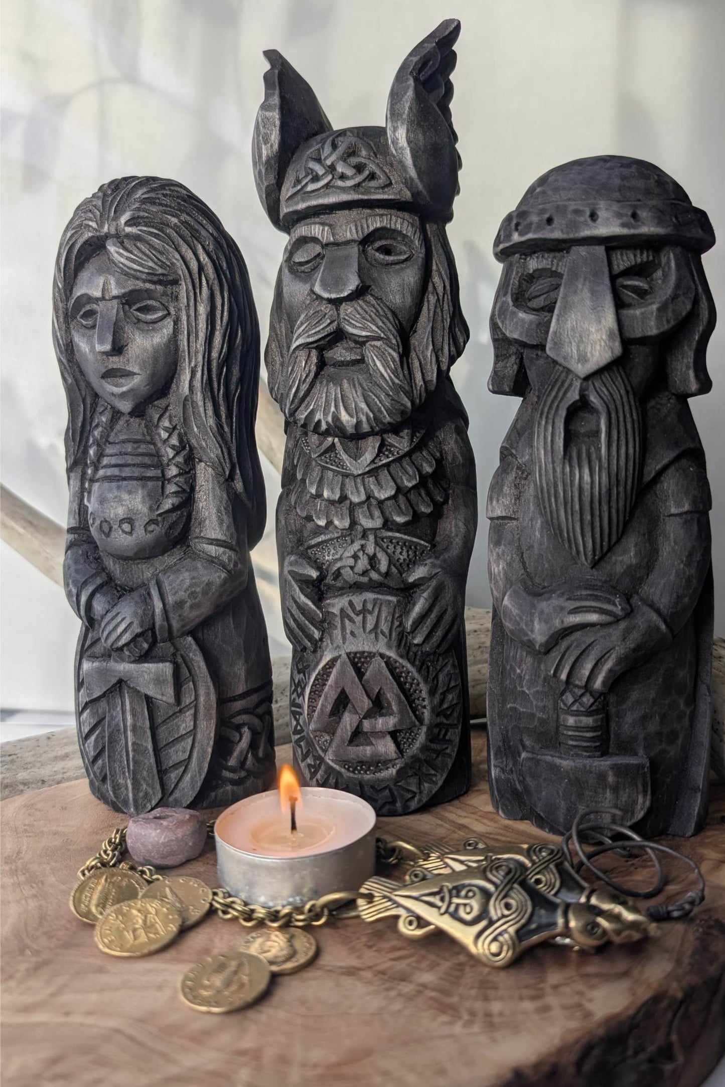 Hand-Carved Norse Gods Statues – Odin, Thor & Freyja in Linden Wood