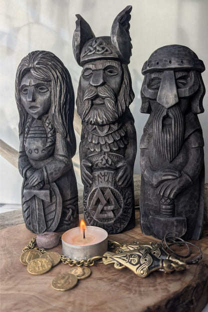 Hand-Carved Norse Gods Statues – Odin, Thor & Freyja in Linden Wood