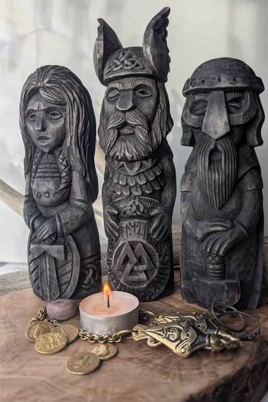 Hand-Carved Norse Gods Statues – Odin, Thor & Freyja in Linden Wood