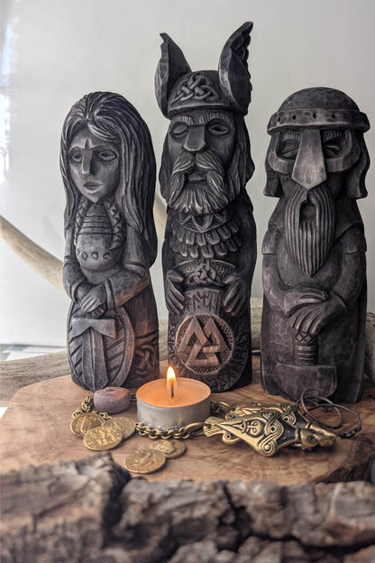 Hand-Carved Norse Gods Statues – Odin, Thor & Freyja in Linden Wood