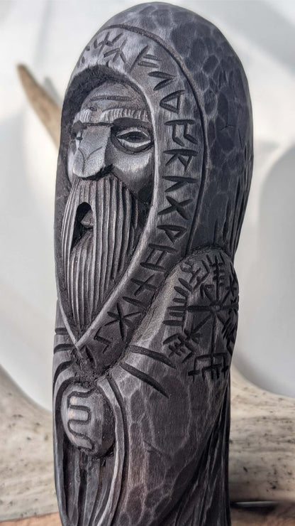 Hand-Carved Odin Statue in Linden Wood – Norse God Figurine with Runes (18 cm)