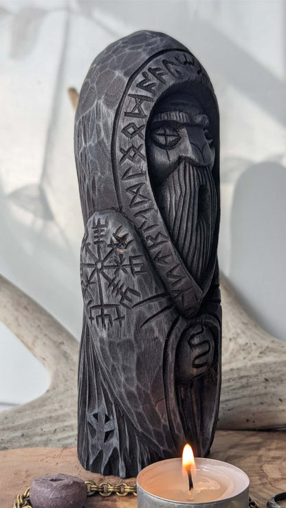 Hand-Carved Odin Statue in Linden Wood – Norse God Figurine with Runes (18 cm)