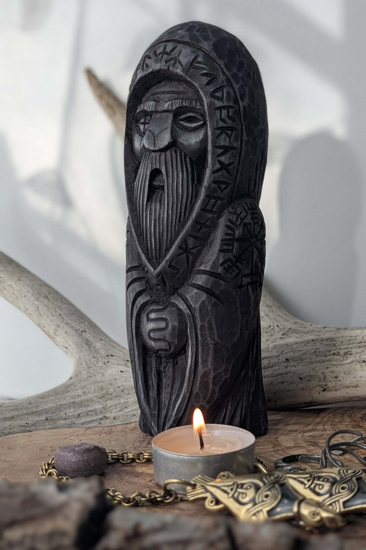 Hand-Carved Odin Statue in Linden Wood – Norse God Figurine with Runes (18 cm)