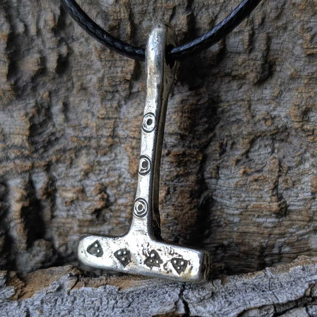 Miniature Viking Silver Mjolnir Pendant – Hand-Forged Norse Thor’s Hammer with Wolf & Solar Symbols
